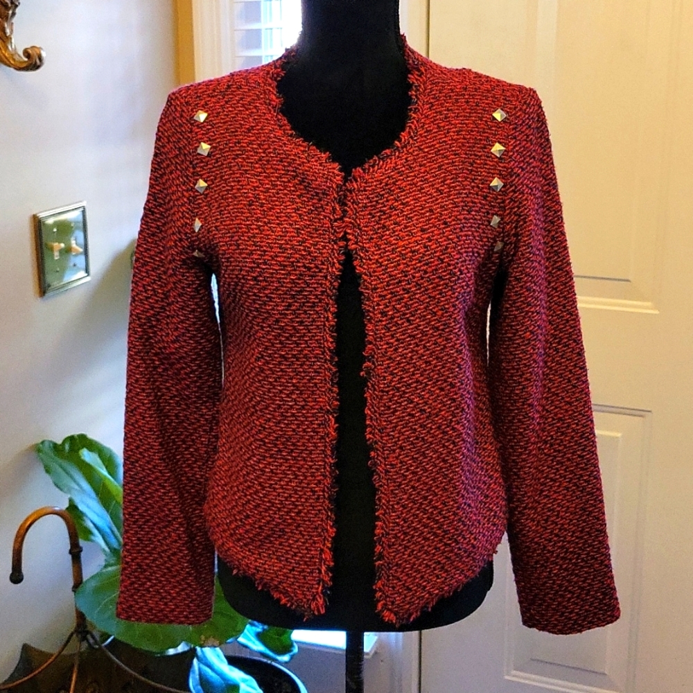 Monteau red black tweed fringe short jacket lined silver brads cotton Med EUC …